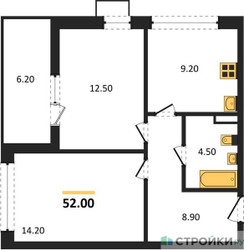 Планировка двухкомнатной(квартира) площадью 52 квадратных метров в ЖК “ЖК Деснаречье”