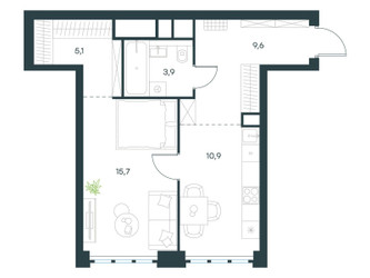 Планировка однокомнатной(квартира) площадью 45.1 квадратных метров в ЖК “ЖК Левел Южнопортовая”
