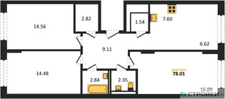 Планировка трехкомнатной(квартира) площадью 78.01 квадратных метров в “ЖК Рублевский Квартал”