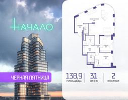 Планировка двухкомнатной(квартира) площадью 138.9 квадратных метров в “ЖК Начало”