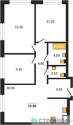 Планировка трехкомнатной(квартира) площадью 72.2 квадратных метров в ЖК “ЖК Сиреневый парк”