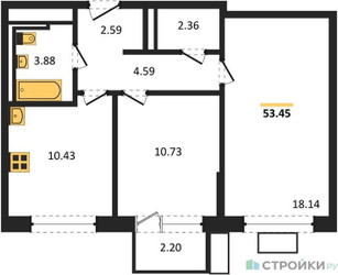 Планировка двухкомнатной(квартира) площадью 53.38 квадратных метров в ЖК “ЖК Прибрежный Парк”