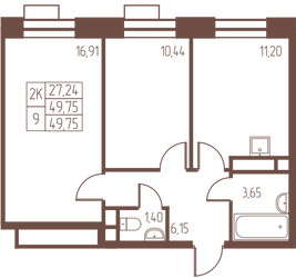 Планировка двухкомнатной(квартира) площадью 49.8 квадратных метров в ЖК “ЖК Западная Ивантеевка”