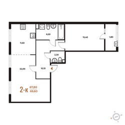 Планировка двухкомнатной(квартира) площадью 69.6 квадратных метров в ЖК “ЖК Новое Летово”