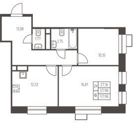 Планировка двухкомнатной(квартира) площадью 58 квадратных метров в ЖК “ЖК Новая Ивантеевка”