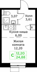 Планировка студии(квартира) площадью 24.88 квадратных метров в ЖК “ЖК КИТ 2”