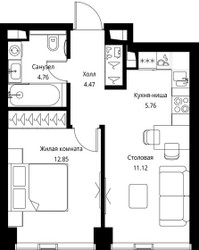 Планировка однокомнатной(квартира) площадью 38.96 квадратных метров в ЖК “ЖК Сити Бэй”