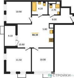 Планировка трехкомнатной(квартира) площадью 66.1 квадратных метров в ЖК “ЖК Скандинавия”