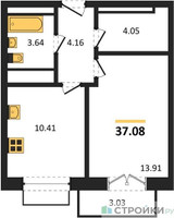 Планировка однокомнатной(квартира) площадью 37.08 квадратных метров в “ЖК Одинбург”