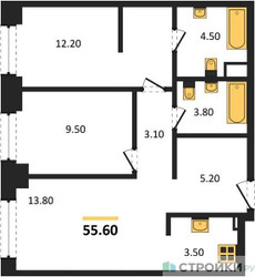Планировка двухкомнатной(квартира) площадью 55.6 квадратных метров в ЖК “ЖК Voice Towers (Войс Тауэрс)”