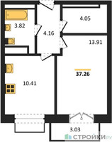 Планировка однокомнатной(квартира) площадью 37.26 квадратных метров в “ЖК Одинбург”