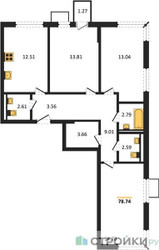 Планировка трехкомнатной(квартира) площадью 78.72 квадратных метров в ЖК “ЖК Мытищи Парк”