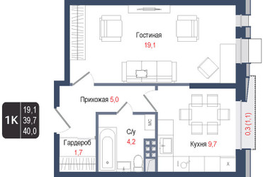 Планировка однокомнатной(квартира) площадью 39.7 квадратных метров в ЖК “ЖК КИНОКВАРТАЛ”