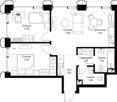 Планировка двухкомнатной(квартира) площадью 63.6 квадратных метров в “ЖК СЕТ”