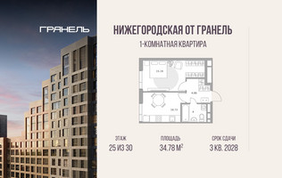 Планировка однокомнатной(квартира) площадью 34.78 квадратных метров в “ЖК Нижегородская от Гранель”