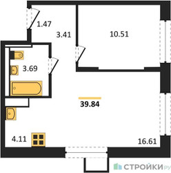 Планировка однокомнатной(квартира) площадью 39.8 квадратных метров в ЖК “ЖК Пригород Лесное”