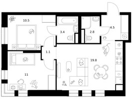 Планировка двухкомнатной(квартира) площадью 53.1 квадратных метров в “ЖК Москворечье”