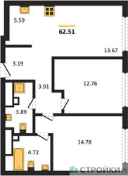 Планировка двухкомнатной(квартира) площадью 62.51 квадратных метров в ЖК “ЖК TATE (Тэйт)”