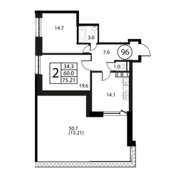 Планировка двухкомнатной(квартира) площадью 75.2 квадратных метров в ЖК “ЖК Космос”