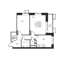 Планировка двухкомнатной(квартира) площадью 59.8 квадратных метров в ЖК “ЖК Космос”