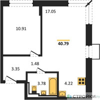 Планировка однокомнатной(квартира) площадью 40.79 квадратных метров в “ЖК Богдановский Лес”
