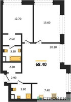 Планировка двухкомнатной(квартира) площадью 68.4 квадратных метров в “ЖК Upside Towers (Апсайд Тауэрс)”