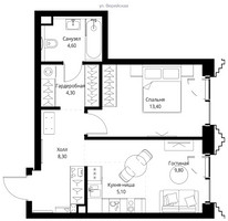 Планировка однокомнатной(квартира) площадью 45.9 квадратных метров в “ЖК СЕТ”