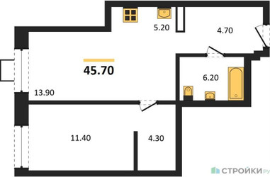 Планировка однокомнатной(квартира) площадью 45.7 квадратных метров в ЖК “ЖК Новые смыслы”