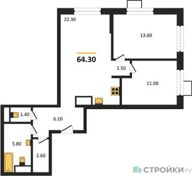 Планировка двухкомнатной(квартира) площадью 64.3 квадратных метров в ЖК “ЖК Форевиль”