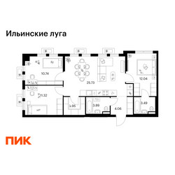 Планировка трехкомнатной(квартира) площадью 75.22 квадратных метров в ЖК “ЖК Ильинские луга”
