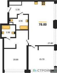 Планировка двухкомнатной(квартира) площадью 78 квадратных метров в ЖК “ЖК СТОУН Грэйн”