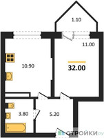Планировка однокомнатной(квартира) площадью 32 квадратных метров в “ЖК Видный берег 2”