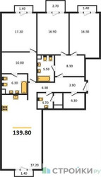 Планировка трехкомнатной(квартира) площадью 139.8 квадратных метров в ЖК “Квартал Тишинский Бульвар”