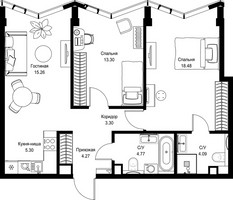 Планировка двухкомнатной(квартира) площадью 68.77 квадратных метров в “Дом премиум-класса МИРА”