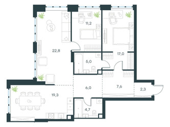 Планировка трехкомнатной(квартира) площадью 95.9 квадратных метров в ЖК “ЖК Level Южнопортовая”