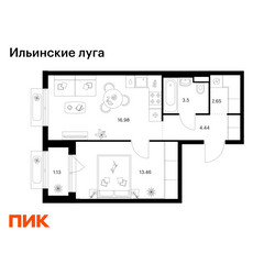 Планировка однокомнатной(квартира) площадью 42.16 квадратных метров в ЖК “ЖК Ильинские луга”