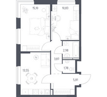 Планировка двухкомнатной(квартира) площадью 53.92 квадратных метров в “ЖК Богдановский Лес”
