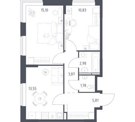 Планировка двухкомнатной(квартира) площадью 53.92 квадратных метров в ЖК “ЖК Богдановский Лес”