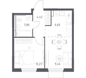 Планировка однокомнатной(квартира) площадью 34.61 квадратных метров в ЖК “ЖК Мытищи Парк”