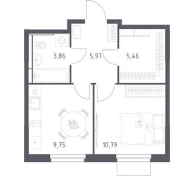 Планировка однокомнатной(квартира) площадью 35.83 квадратных метров в ЖК “ЖК Мытищи Парк”