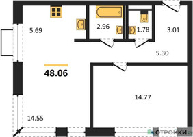 Планировка однокомнатной(квартира) площадью 48.06 квадратных метров в “ЖК Новое Видное”