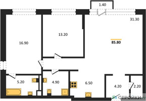 Планировка двухкомнатной(квартира) площадью 84.4 квадратных метров в “ЖК LES”