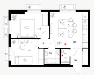 Планировка двухкомнатной(квартира) площадью 48 квадратных метров в ЖК “ЖК Саларьево парк”
