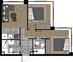 Планировка двухкомнатной(квартира) площадью 52.2 квадратных метров в ЖК “ЖК Квартал Серебряный бор”