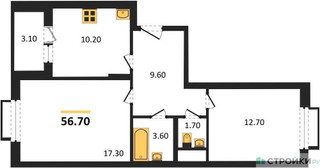 Планировка двухкомнатной(квартира) площадью 56.7 квадратных метров в “ЖК Римский”