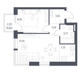 Планировка однокомнатной(квартира) площадью 41.45 квадратных метров в ЖК “ЖК Квартал Авиаторов”
