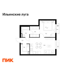 Планировка однокомнатной(квартира) площадью 43.2 квадратных метров в ЖК “ЖК Ильинские луга”