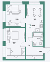 Планировка двухкомнатной(квартира) площадью 58.58 квадратных метров в “ЖК Страна.Парковая”