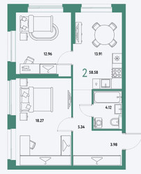 Планировка двухкомнатной(квартира) площадью 58.58 квадратных метров в ЖК “ЖК Страна.Парковая”