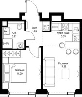 Планировка однокомнатной(квартира) площадью 35.48 квадратных метров в “ЖК СЕТ”